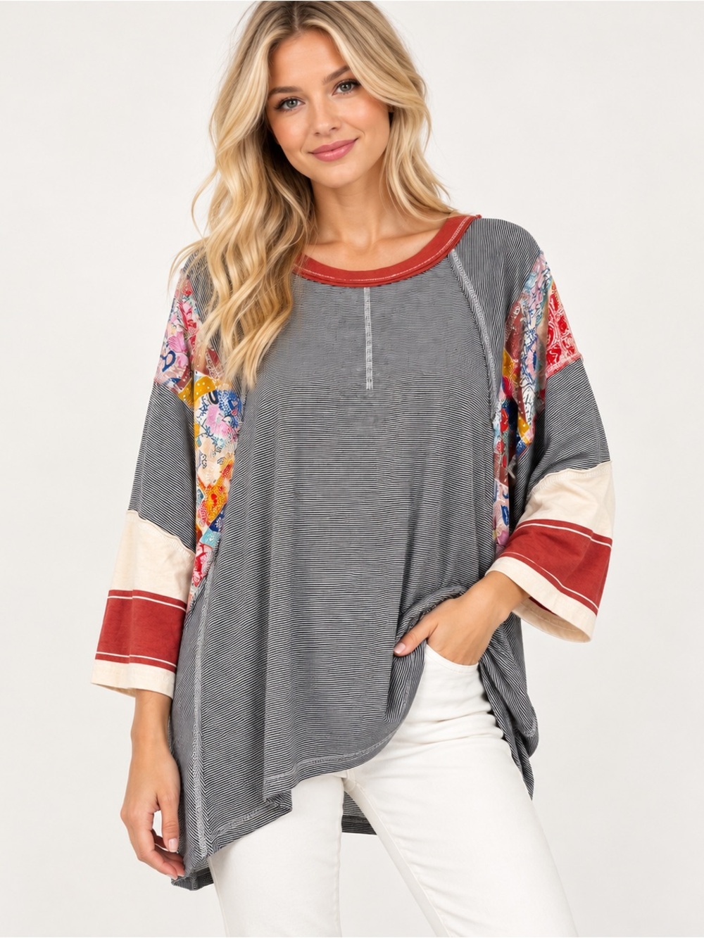Three Bird Nest Boho Patchwork Striped Oversized Tunic Top Women L 3/4 Sleeve